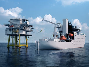 Concept illustration of an offshore service vessel alongside a platform at sea, with wind turbines in the background