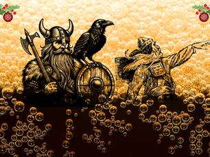 Illustration of Vikings and a raven rising from foaming Christmas beer, with festive decorations around the edges.