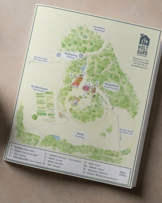 Commissioned watercolor illustrated and digitally rendered farm map for Holt Gård (Farm) in Undrumsdal, Norway