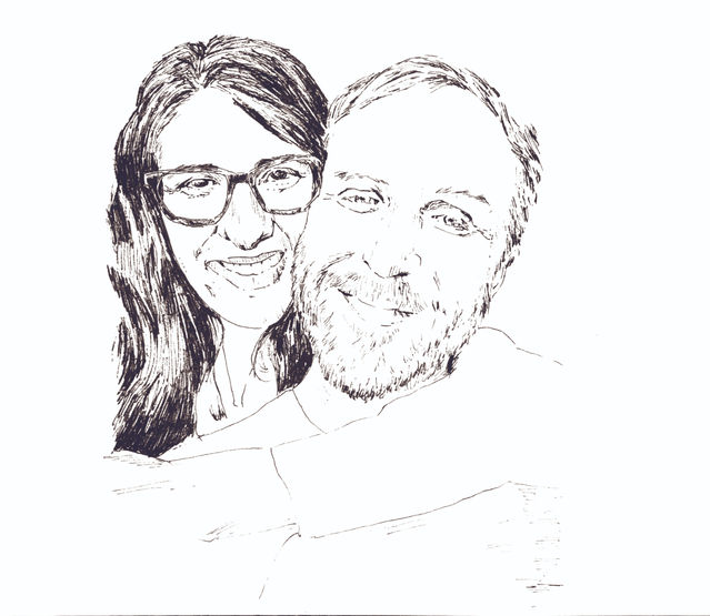 bespoke hand drawn illustration of wedding couple commissioned for wedding website