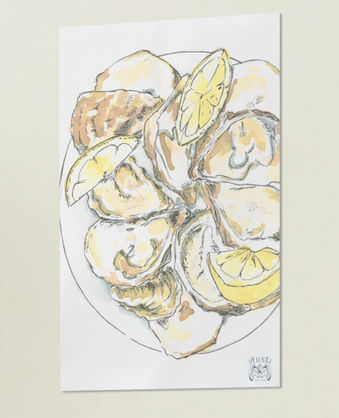 Bespoke commissioned watercolor illustration of oysters and lemons for a fine dining restaurant poster