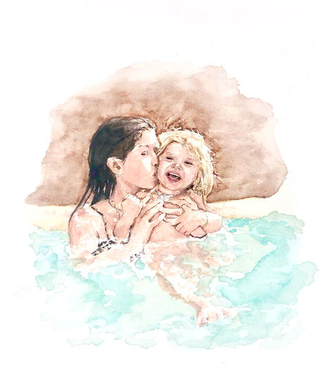 Commissioned hand painted watercolor portrait of mother and daughter in warm waters of Kauai, Hawaii