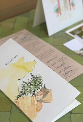 bespoke commissioned hand painted watercolor illustration applied to hotel guest welcome and information cards in a boutique hotel in Anderson Valley, Mendocino, California