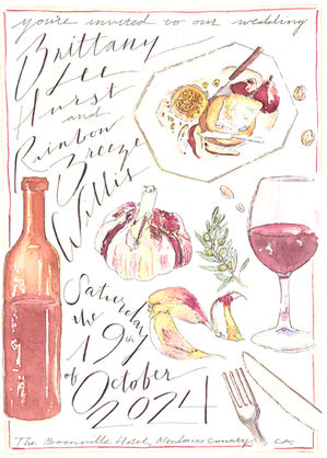 bespoke commissioned hand painted watercolor illustrated invitation for a wine country wedding