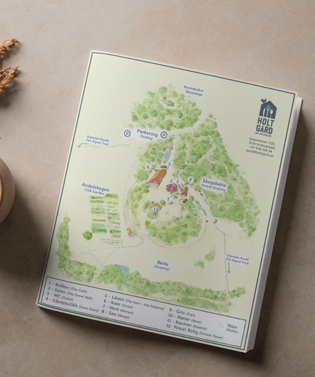 Hand painted / commissioned watercolor illustration map to help guests orient themselves while visiting Holt Gård (Farm) in Undrumsdal, Norway.