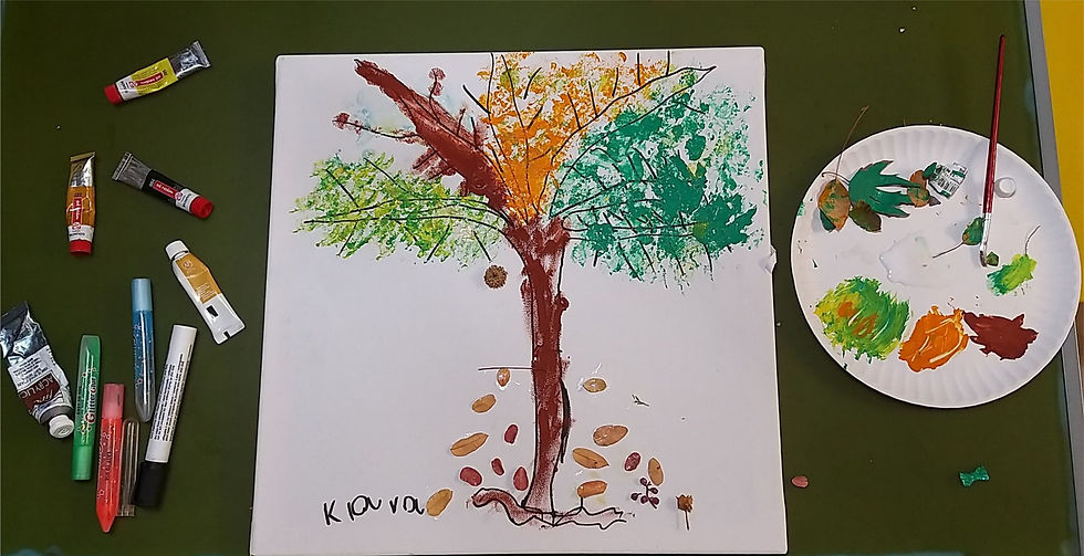 Tree drawing with aquarelle and use of leaves stamps