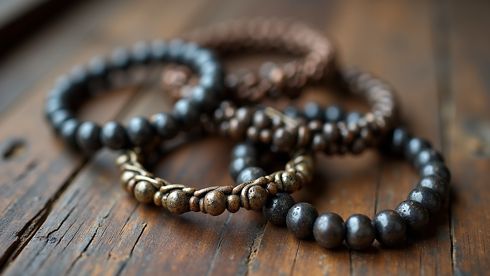 High angle view of a collection of upcycled metal and bead handmade bracelets on a rustic wooden surface