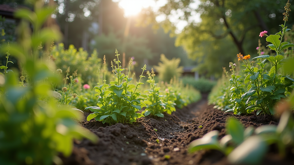 Eye-level view of a community garden with diverse plants