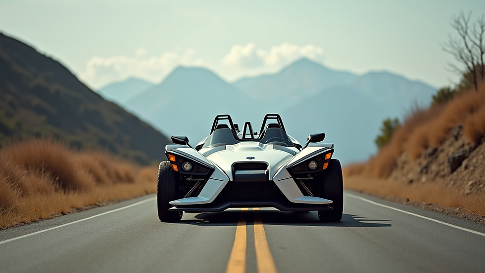 Eye-level view of a sleek slingshot vehicle parked on a scenic road