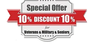 red and white logo with the text 10% off for military