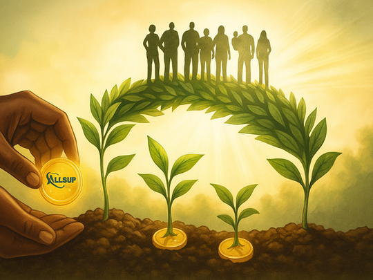 A warm, uplifting scene where a pair of hands gently place glowing gold coins into rich soil, and from those coins, vibrant green plants grow upward, transforming into a beautiful bridge made of leaves. On top of the leafy bridge, show diverse silhouettes of people standing together, symbolizing unity and community. The background is a soft, glowing sky with sun rays.