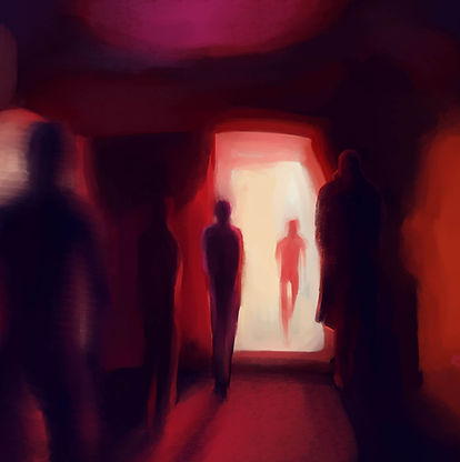 Artwork 'Wie Volgt' a red line with people waiting
