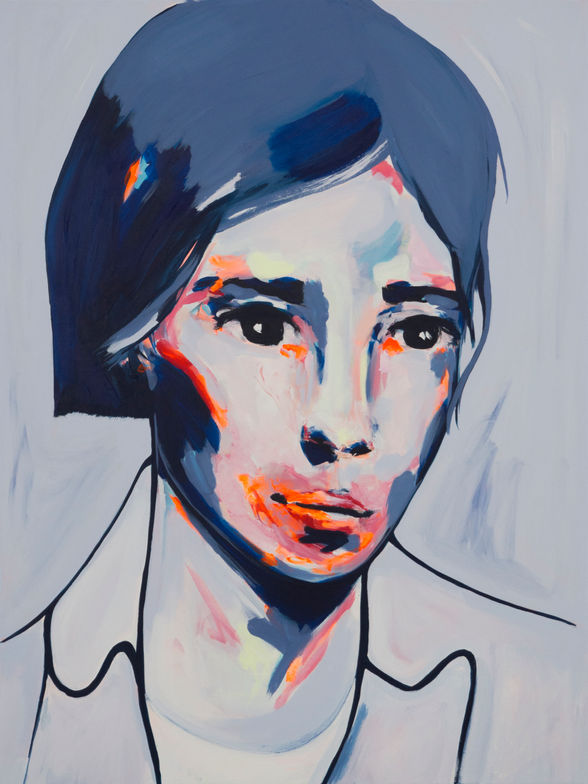 "Dreamer II" - a blue portrait painting by Anne Schubert with neon accents