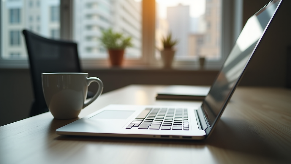 Eye-level view of a modern office workspace with a laptop and coffee cup