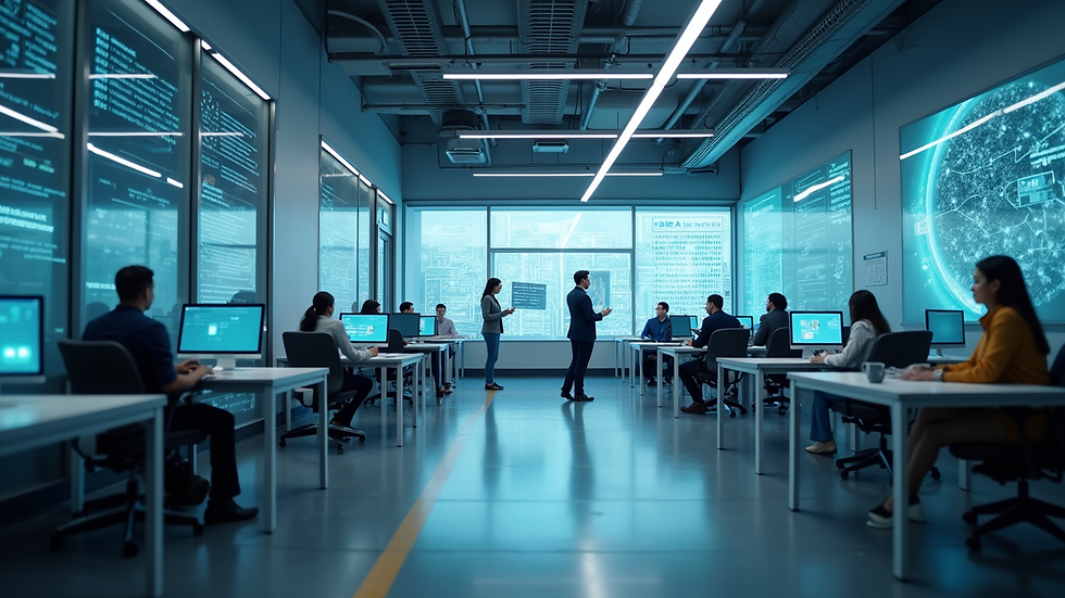 High angle view of a futuristic office space with AI technology displays