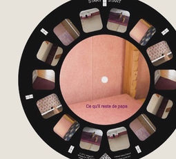Cercle pour visionneuse avec 7 photos représentant des gros plans de papier peint ou de moquette dans des tons rose et violet. Au centre du cercle la mention "Ce qu'il reste de papa"