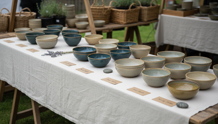 Eye-level view of a market stall with neatly grouped handmade goods.