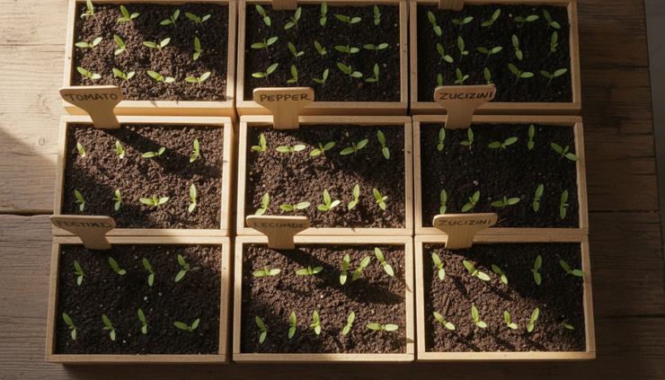 Overhead view of seedlings growing in labelled trays.