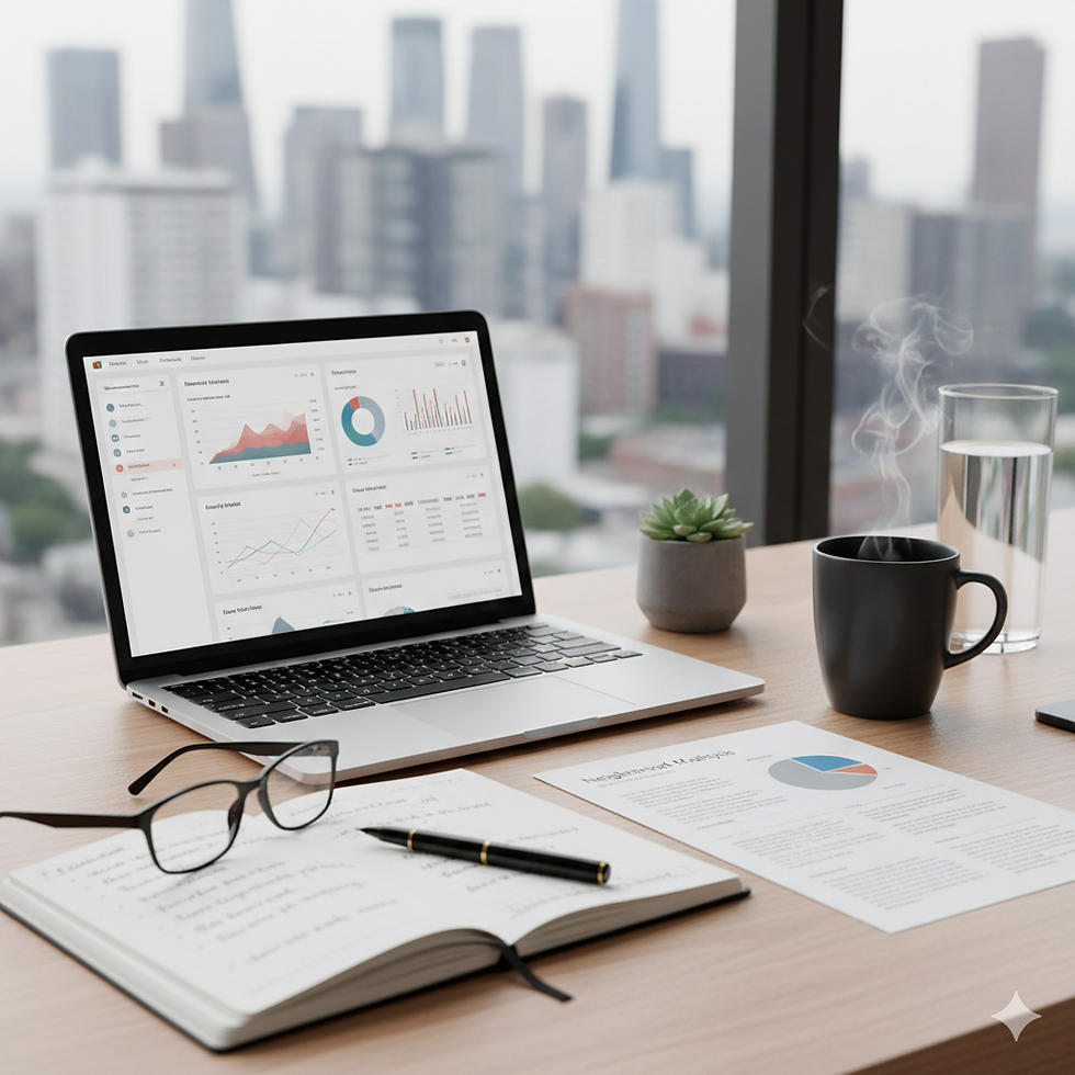 A clean, modern professional workspace featuring a laptop displaying market data charts, a printed neighborhood analysis report with a pie chart, an open notebook with handwritten notes, and a pair of glasses on a light wood desk. In the background, a large window reveals a soft-focus city skyline at daytime, creating an atmosphere of expert real-time analysis and focus.
