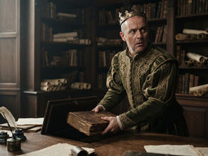 The royal bookeeper caught in the process of hiding important documents in his window-lit office