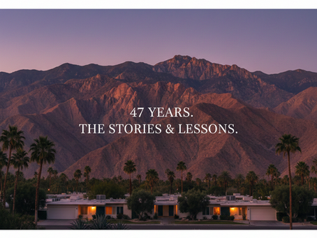 Sun setting on the San Jacinto Mountains over Palm Springs California with overlayed text summarizing Jeff Sorg's blog purpose