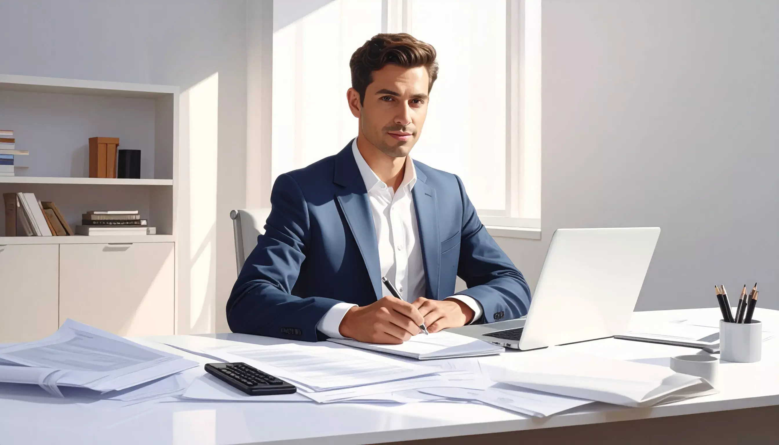 Homme d'affaires réfléchissant assis au bureau, ordinateur portable, documents, Conseil & accompagnement.