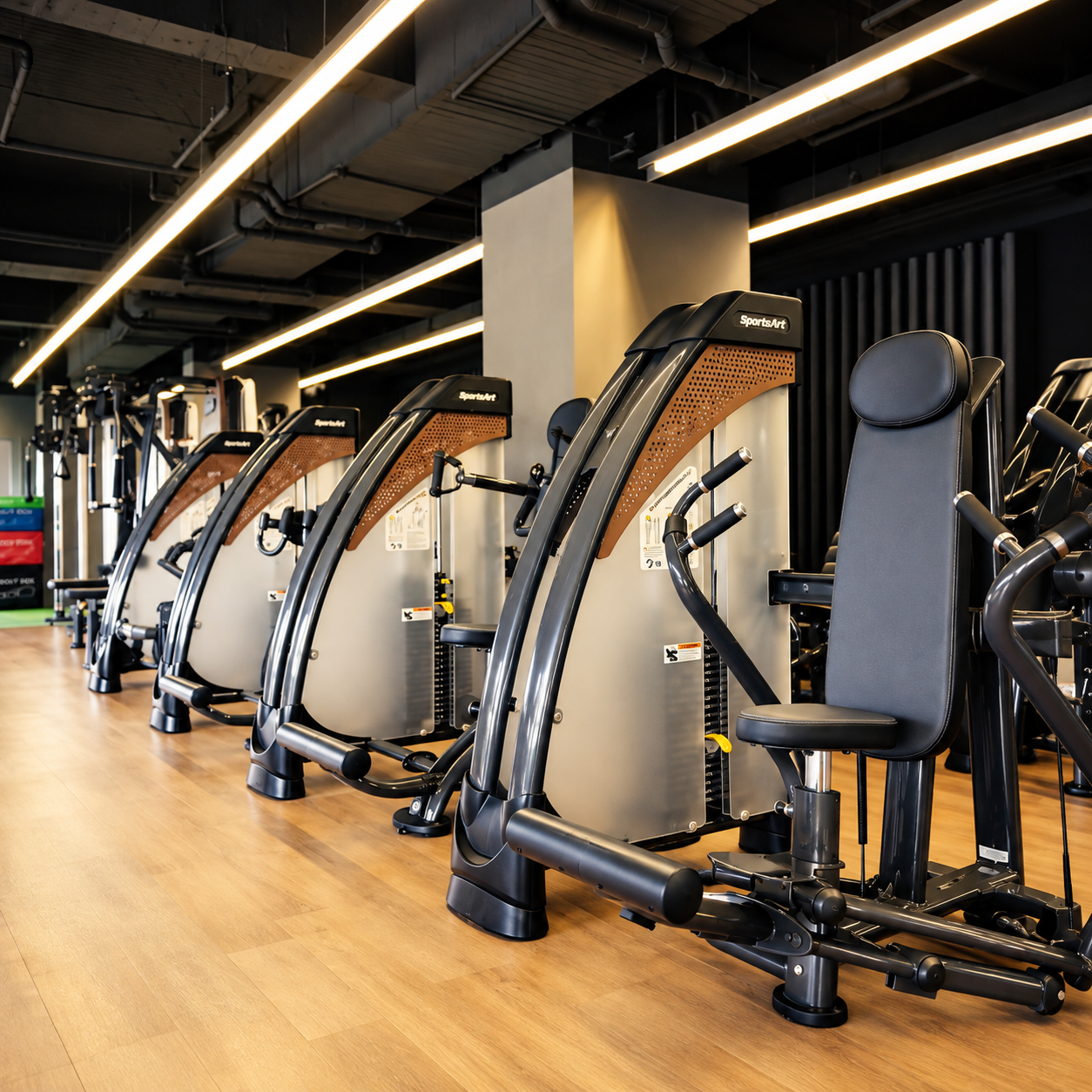 Row of SportsArt N915 Independent Chest Press machines