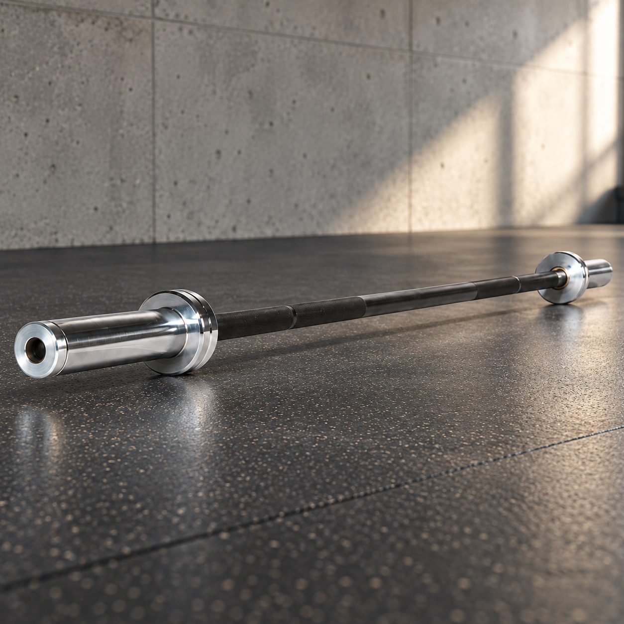 YORK 6 foot International Black Oxide Bar on gym floor