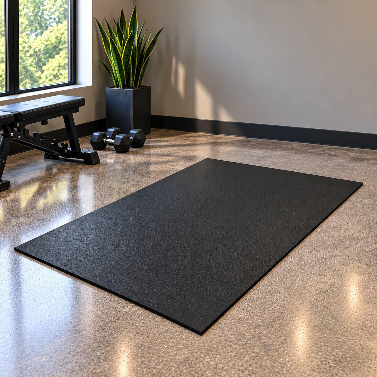 Black 6' x 4' GrytFit Eco rubber gym mat in a home gym setting.