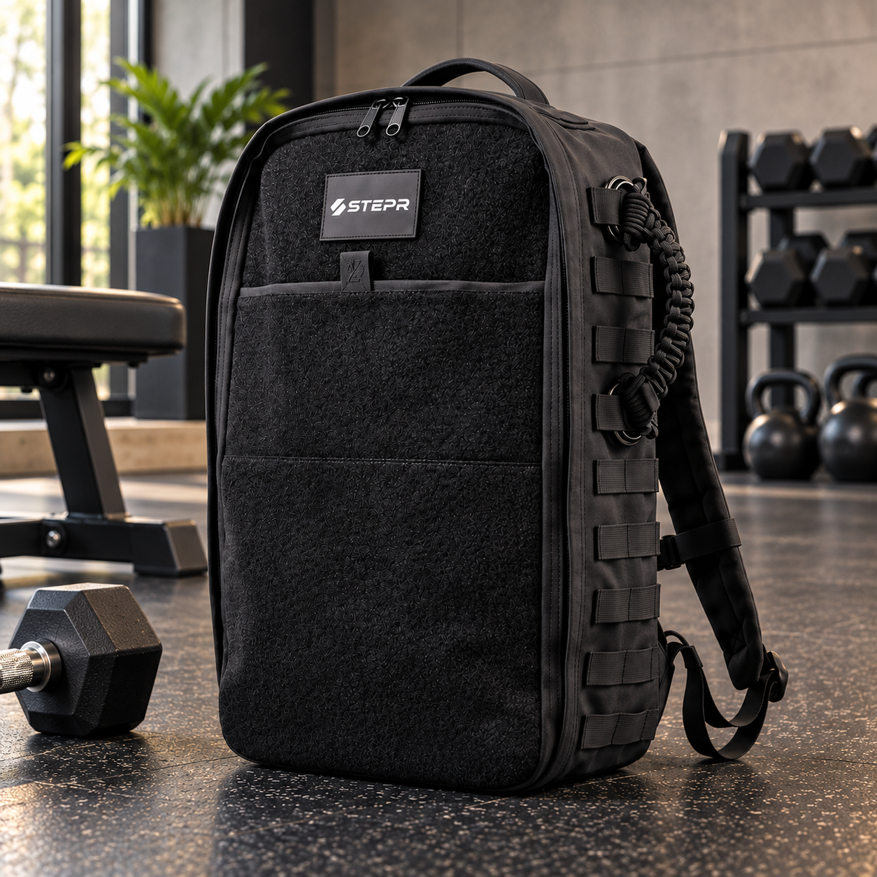 Black Stepr All-In Ruck on a gym floor with weights.