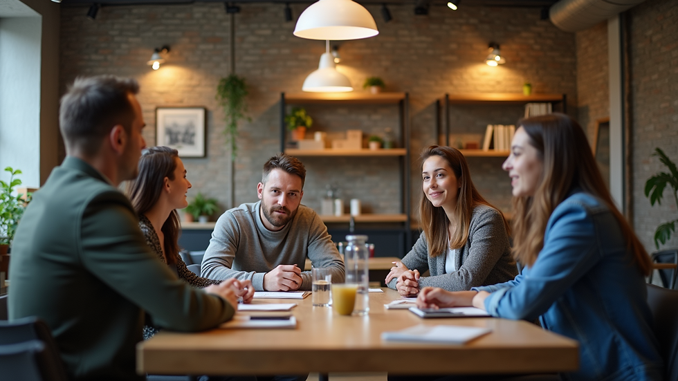 Eye-level view of a small group meeting in a cozy coworking space