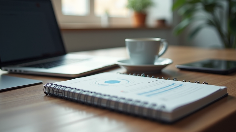 Close-up view of a freelancer’s desk with a notebook, coffee cup, and a tablet showing a time tracking app