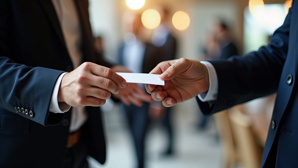 Close-up view of hands exchanging business cards at a networking event