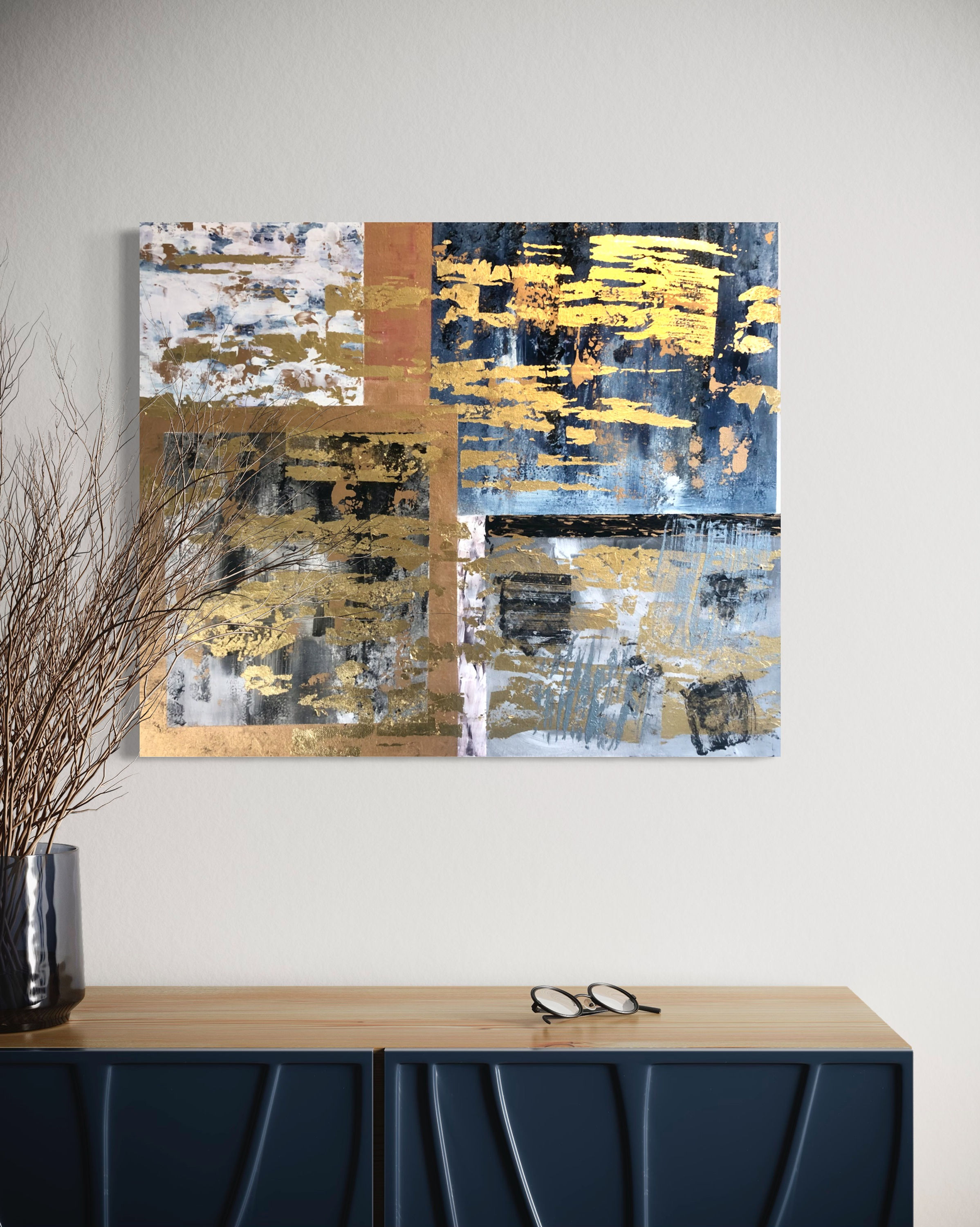 Modern blue and gold leaf, canvas art for your home