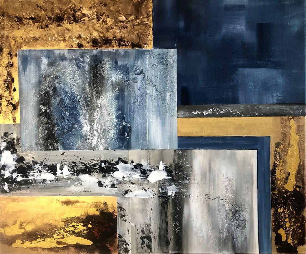 Thumbnail: Contemporary painting, gold leaf, deep red blue canvas painting, modern abstract