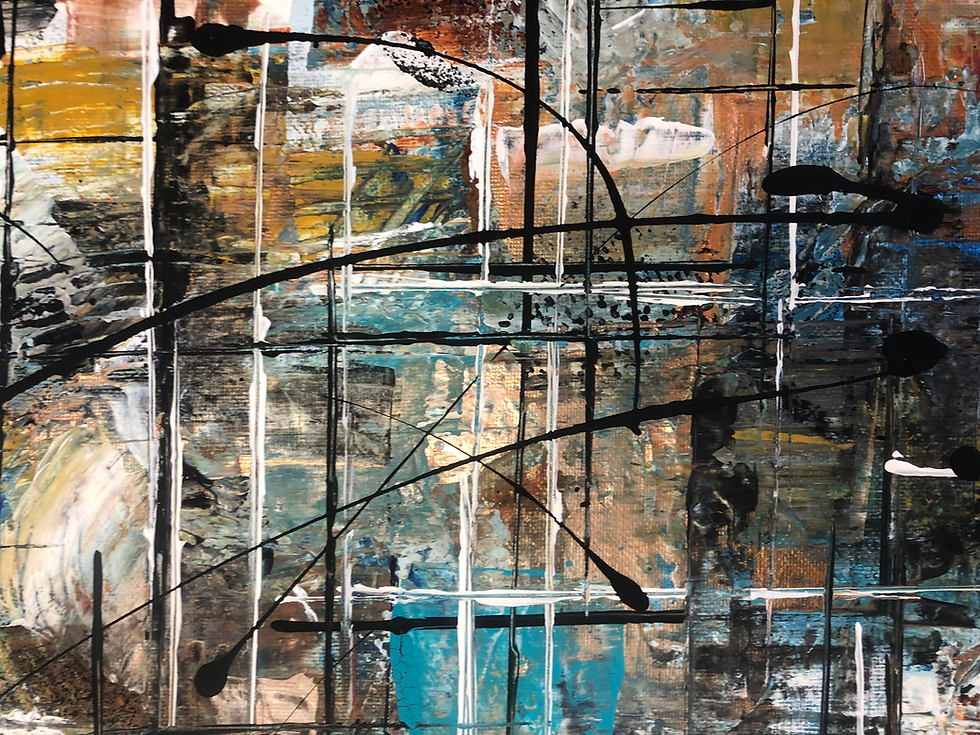 Thumbnail: Abstract canvas painting in blues, rusts, gold, and brown.