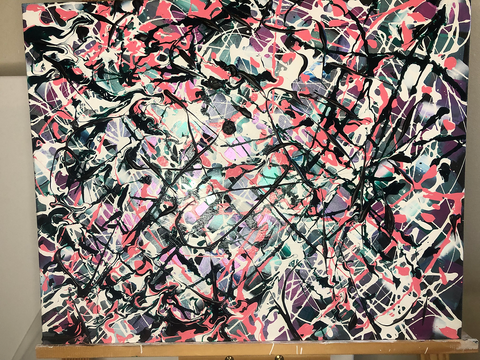 Thumbnail: Muliti coloured, Jackson pollock inspired canvas, in pinks, purples, and blues.