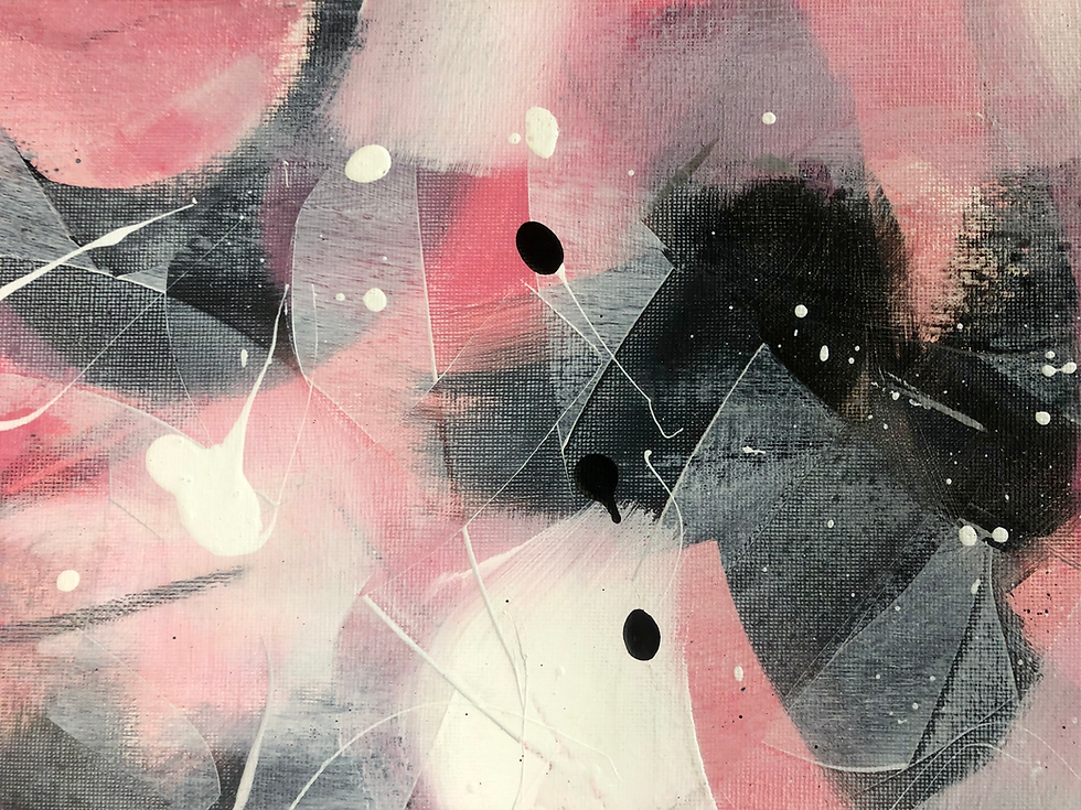 Thumbnail: Pink, grey and white abstract painting on canvas.