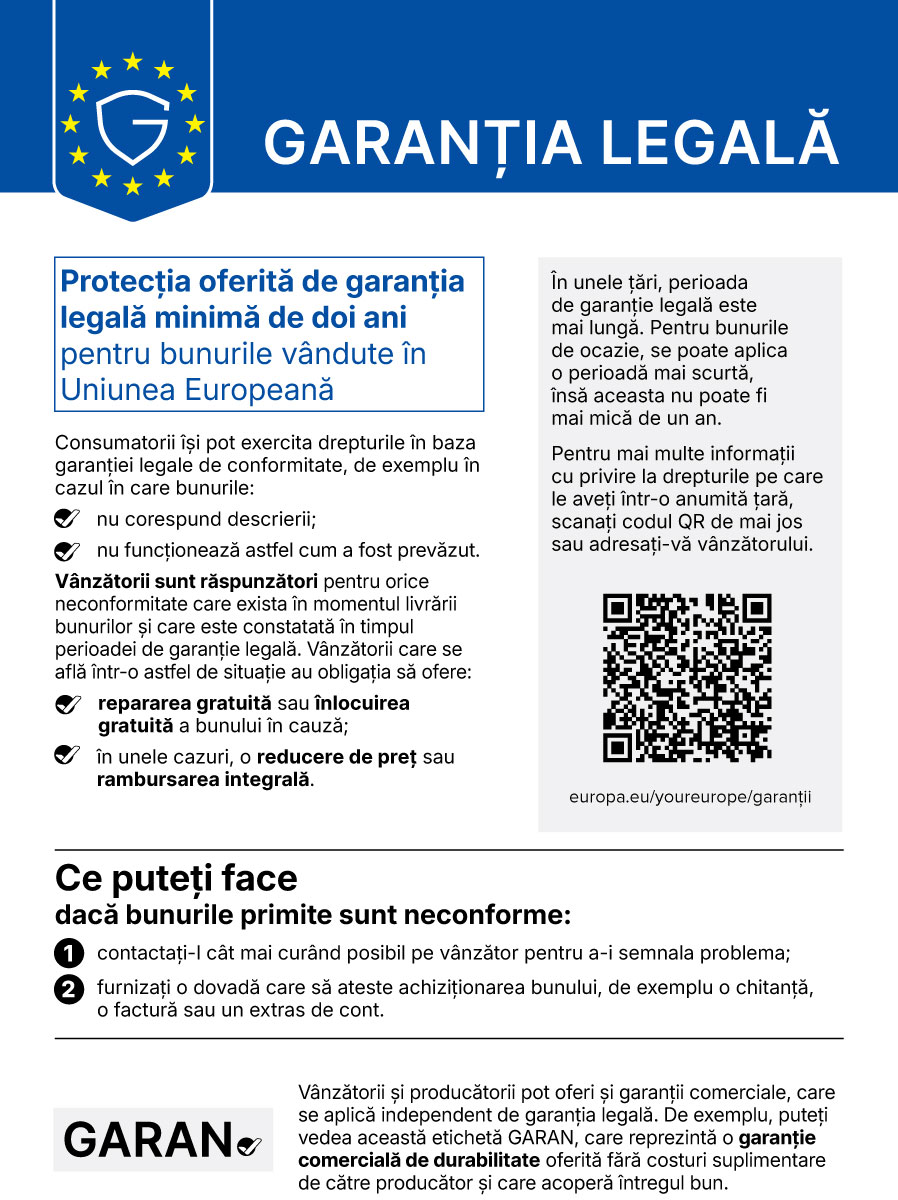 Garanția legală. Protecția oferită de garanția legală minimă de doi ani pentru bunurile vândute în Uniunea Europeană. Consumatorii își pot exercita drepturile în baza garanției legale de conformitate dacă bunurile nu corespund descrierii sau nu funcționează cum a fost prevăzut. Vânzătorii sunt răspunzători pentru orice neconformitate existentă la livrare și constatată în perioada de garanție legală și au obligația să ofere repararea sau înlocuirea gratuită, sau în unele cazuri o reducere de preț sau rambursarea integrală.