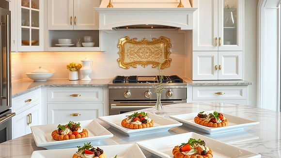 All white kitchen with gold accents, white square dishes with upscale appetizers on them.j