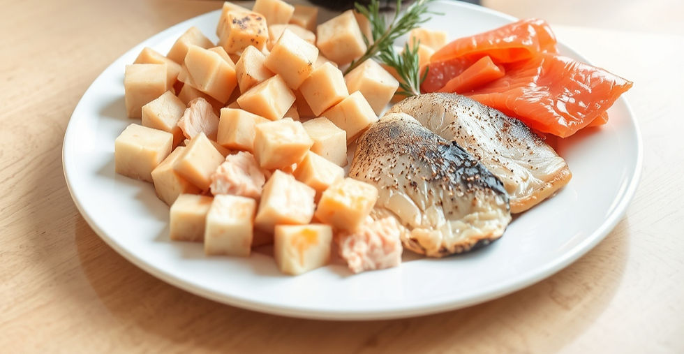 chicken, turkey and fish on a plate