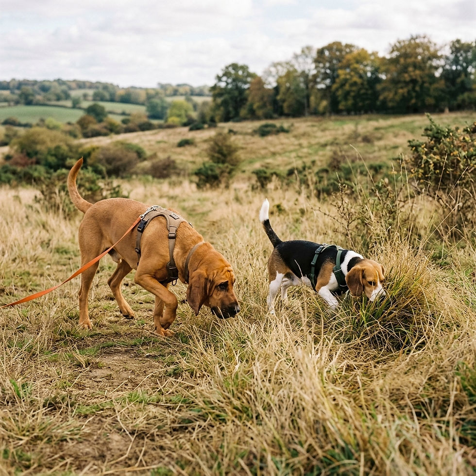 A blood hound and Beagle doing scent work