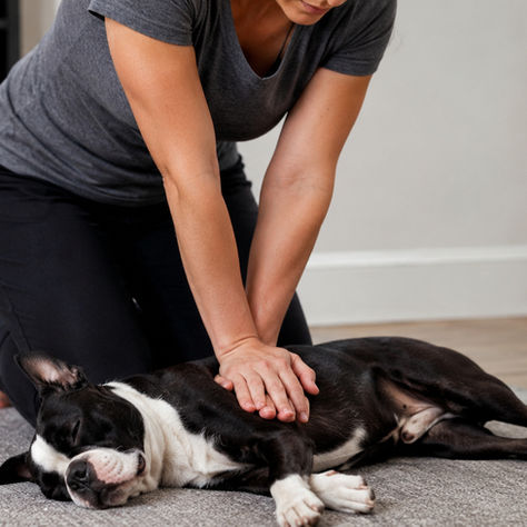 a woman performing CPR on a dog