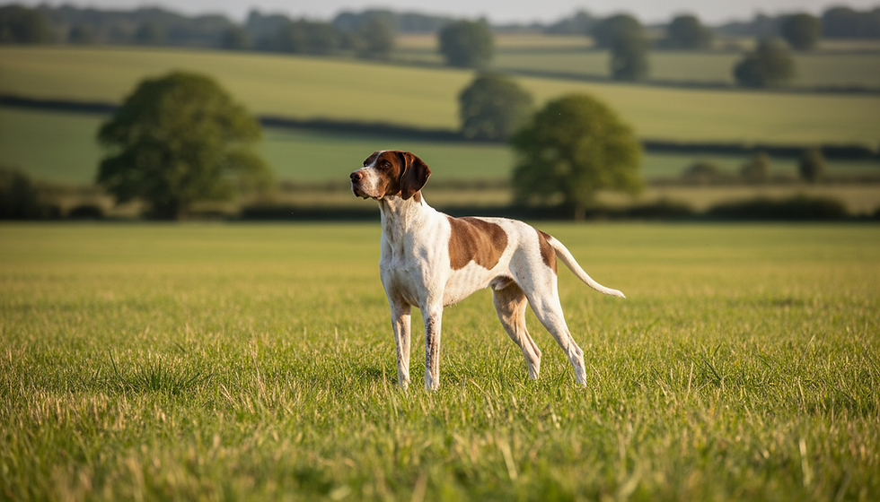 An English Pointer looking into the distance in a field