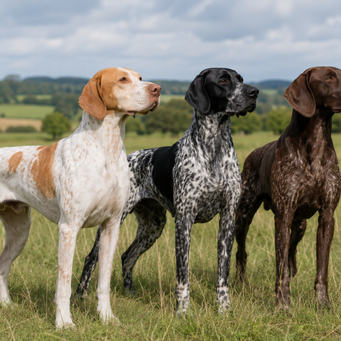 3 English Pointer dogs standing alert in a field
