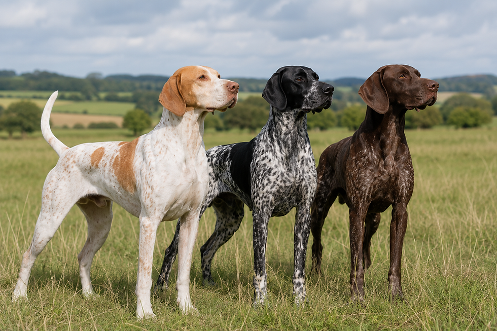3 English Pointer Dogs in a field, standing alert