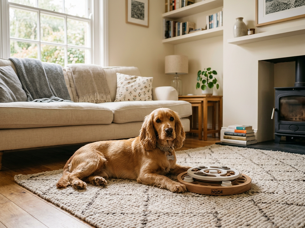 A dog with a puzzle food bowl