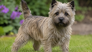 a cairn terrier standing in a garden