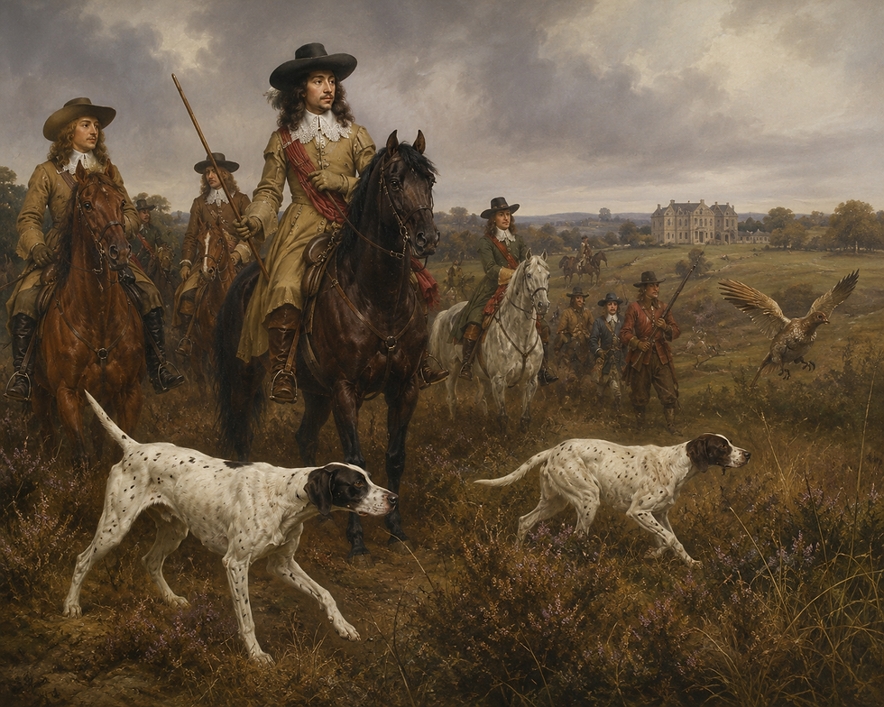A 17th-century scene of English Pointer dogs being used to hunt in the English countryside
