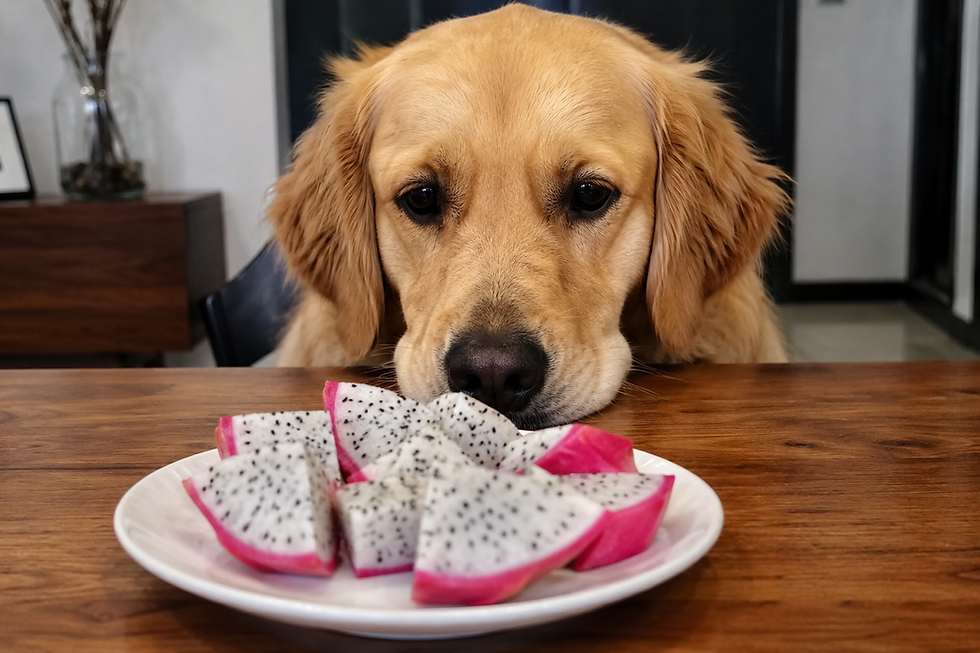 A Golden Retriever looking at a plate of dragon fruit on a table